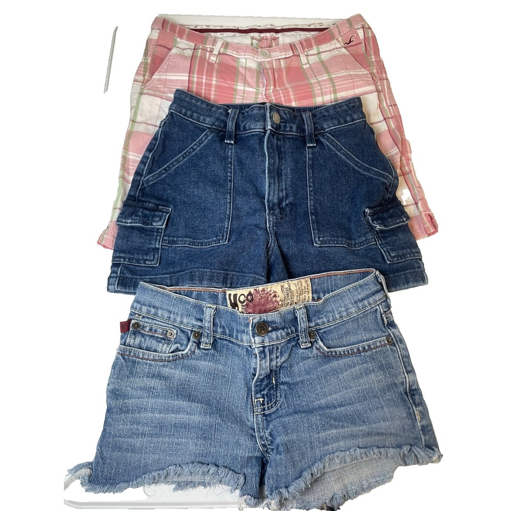 Hollister Women's Jean Shorts 0 1 Lot of 3 Denim Blue Pink Plaid Mom High Rise